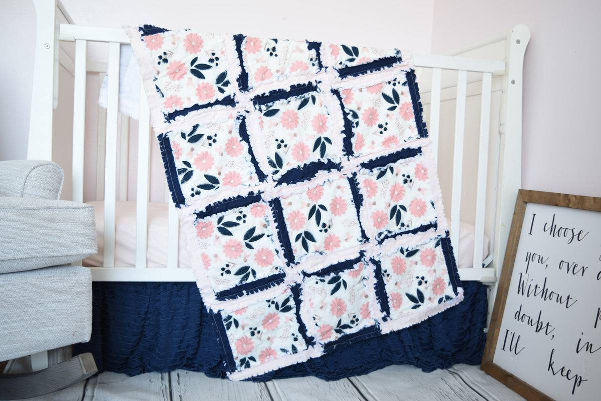 Vintage Floral Baby Girl Nursery Crib Bedding - Blush Pink / Navy Blue ...