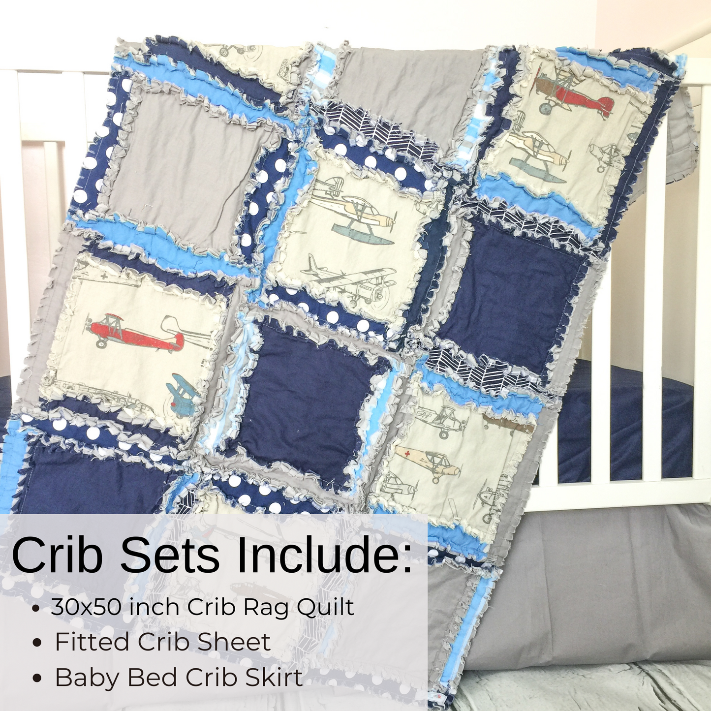Blue Airplane Nursery Bedding | Handmade Rag Quilt for Baby Boy | Navy Blue & Gray - A Vision to Remember