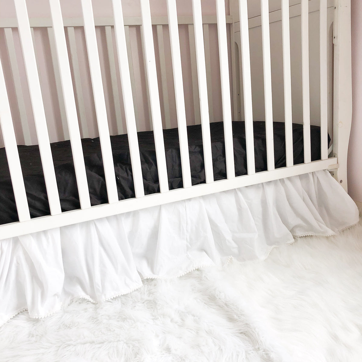 Crib Bedding White Ruffle Skirt With Pom Poms Mini Crib Skirt, Pom