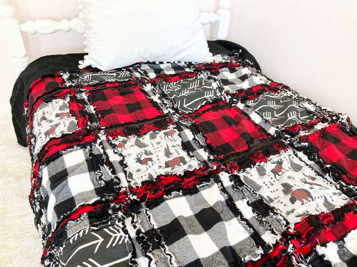 Black & White Buffalo Plaid Rag Quilt – Toddler to Queen Size Neutral Bedding - A Vision to Remember