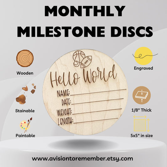 Sports Wooden Baby Birth Announcement, Newborn Hospital Disc, 5x5 inches Sports Baby Shower Gift for Boys - A Vision to Remember