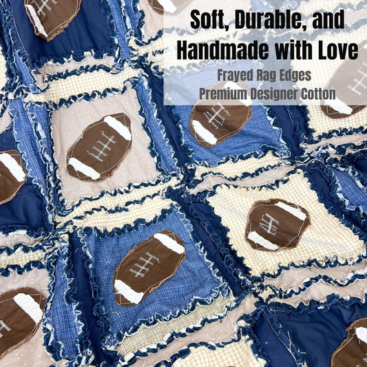 Football Baby Quilt | Navy Blue & Tan Rag Quilt | Baby Shower Gift | Crib Bedding | Handmade Nursery Blanket | Toddler Quilt Option - A Vision to Remember