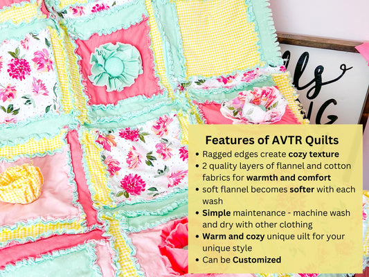 Flower Girl Crib Size Quilt, Toddler Bedspread | Yellow, Mint, Pink Ruffle Floral Baby Quilts for Sale | Infant Newborn Decor Unique Quilted - A Vision to Remember