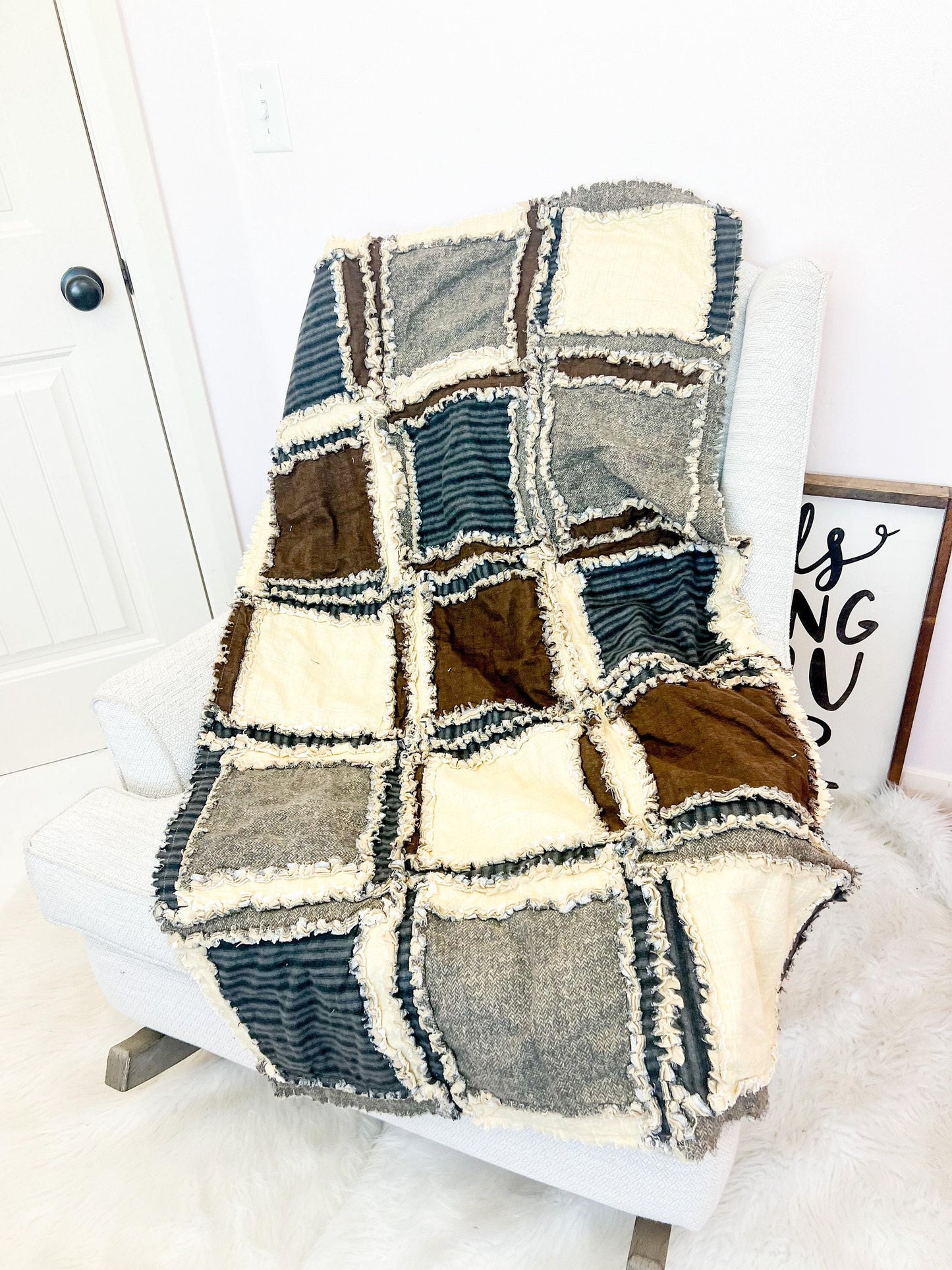 Baby Boy Rag Quilt, Handmade Quilts for Sale, Soft Flannel Boys Bedding, Tan and Neutral Baby Quilt, Heirloom-Quality Baby Bedding - A Vision to Remember