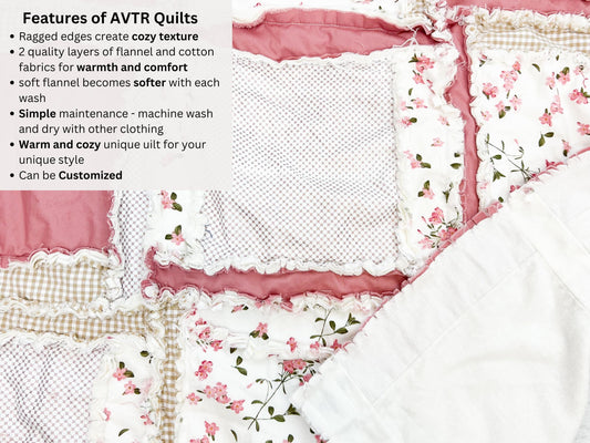 Mauve Nursery Set Girl Crib Size Quilt | Floral Pink Bedroom Soft Flower Blanket | Tan Plaid Bedding Earthy Baby Quilts | Female Rag Quilted - A Vision to Remember