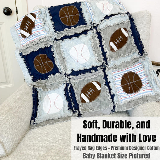 Sports Baby Blanket | Baseball Football Basketball Rag Quilt | Boy Crib Bedding | Toddler & Twin Sizes | Athletic Nursery Gift - A Vision to Remember