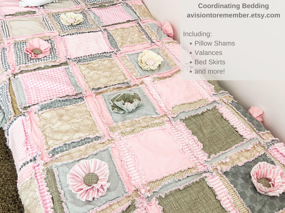 Pink Comforter Rag Quilts for Sale, Toddler Bedding Girl, Tan Floral Twin Bed Spread, Queen Size Quilts for Bedrooms - A Vision to Remember