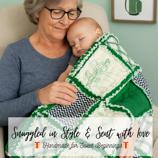 Golf Themed Baby Quilt | Green Rag Blanket for Nursery | Sports Crib Bedding | Toddler Boy Shower Gift | Handmade Patchwork Throw - A Vision to Remember