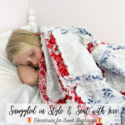 Valentines Rag Quilt | Red White Blue Floral Patchwork Blanket | SMALL Throw to Twin Bed Blanket | Farmhouse Bedding Gift - A Vision to Remember