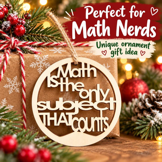 Wooden math teacher Christmas ornament reading Math is the only subject that counts
