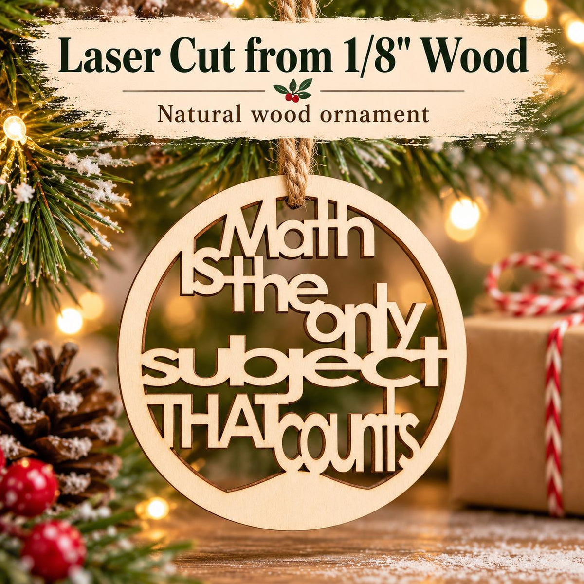 Wooden math teacher Christmas ornament reading Math is the only subject that counts