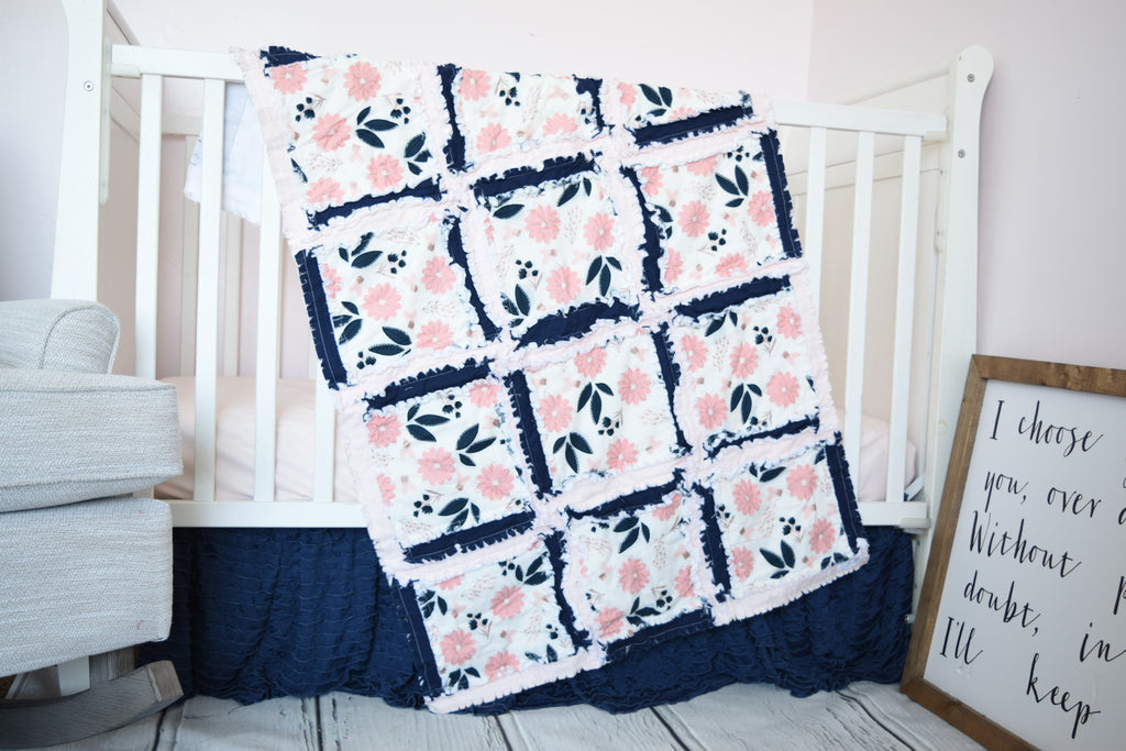 Vintage Floral Baby Girl Nursery Crib Bedding - Blush Pink / Navy Blue