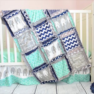 Safari Crib Bedding - Mint, Navy, Gray