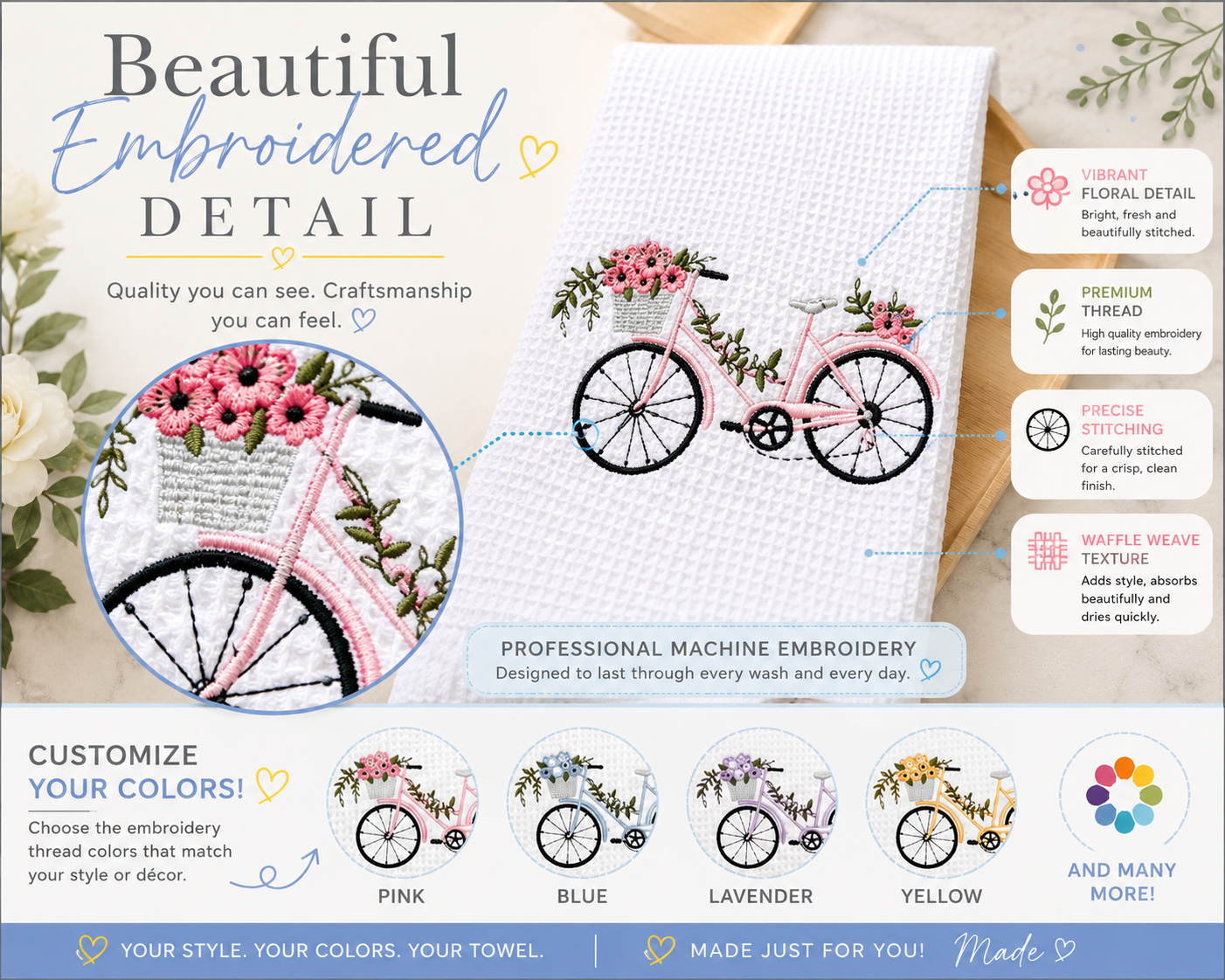 Embroidered Bicycle Kitchen Towel – Charming & Stylish Kitchen Décor - A Vision to Remember