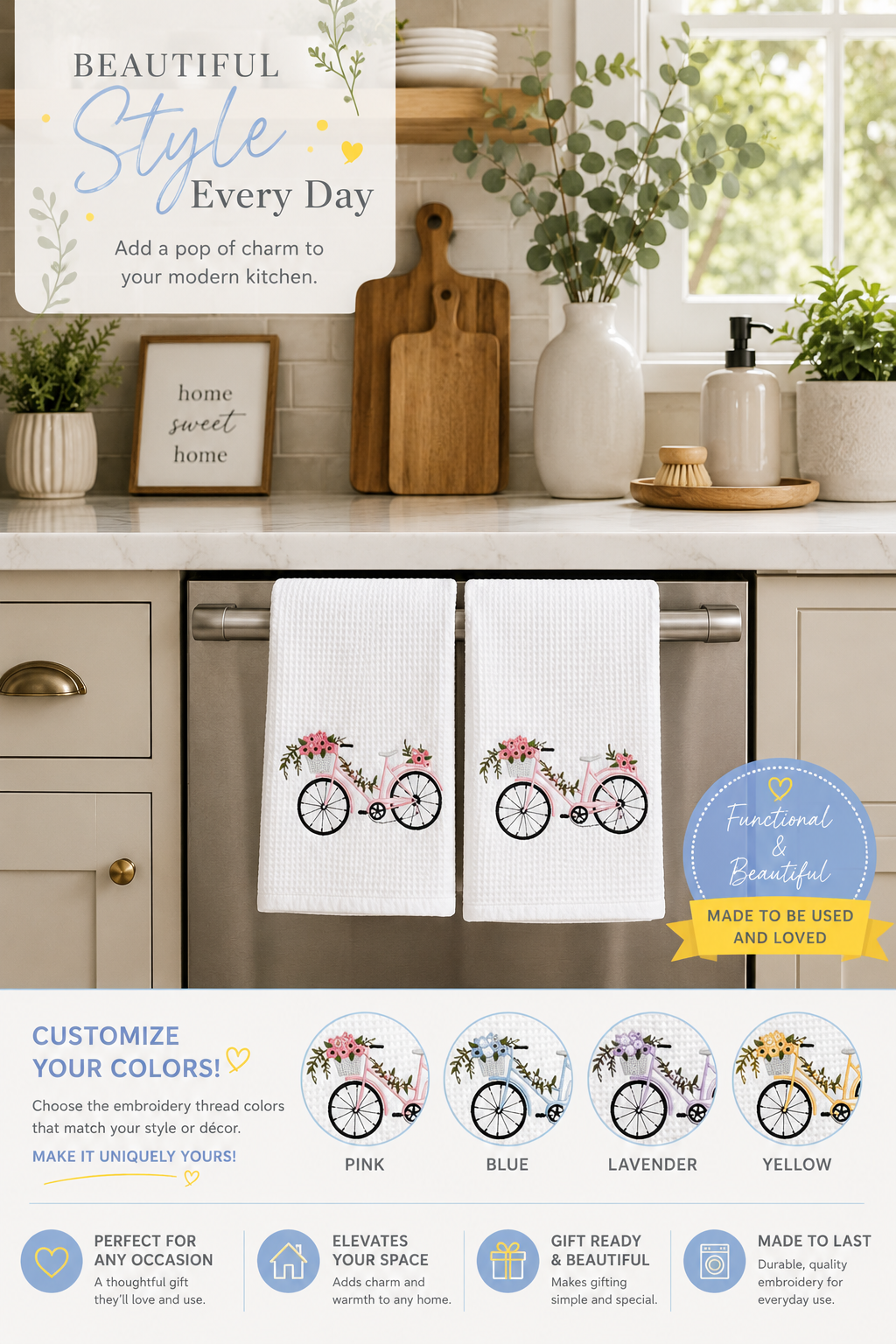 Embroidered Bicycle Kitchen Towel – Charming & Stylish Kitchen Décor - A Vision to Remember