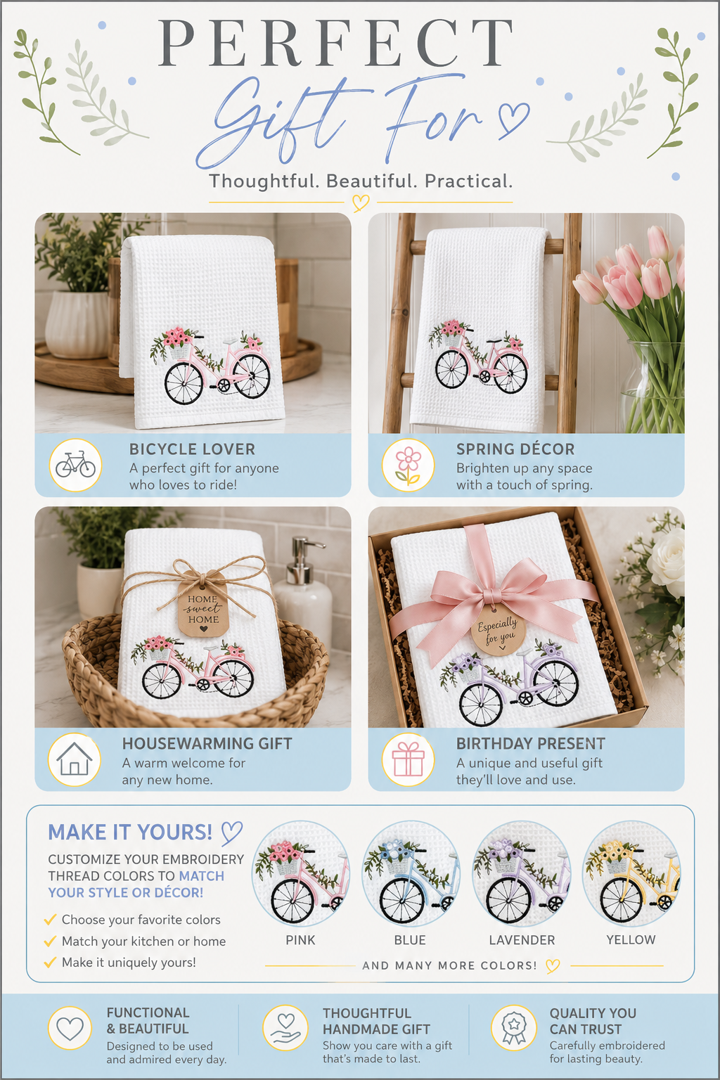 Embroidered Bicycle Kitchen Towel – Charming & Stylish Kitchen Décor - A Vision to Remember