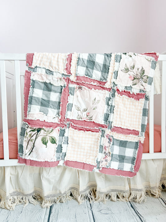 baby girl blue pink sage green and cream floral crib bedding