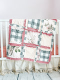 baby girl blue pink sage green and cream floral crib bedding