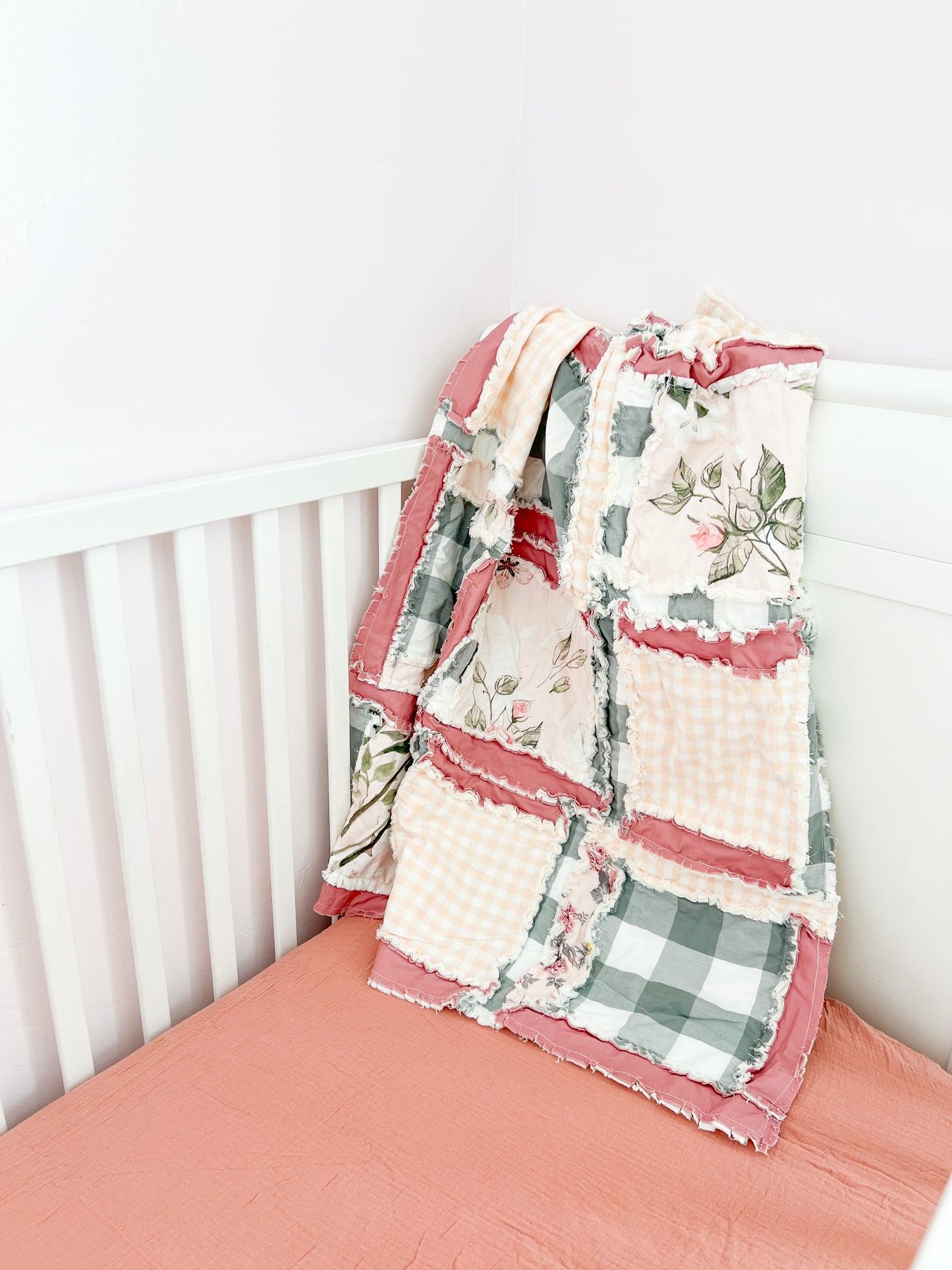 Baby Girl Boho Crib Bedding | Mauve Pink Floral and Sage Green Plaid - A Vision to Remember