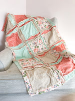 Baby Girl Boho Crib Bedding | Coral Pink Floral, Tan, and Mint Green Rag Quilt - A Vision to Remember