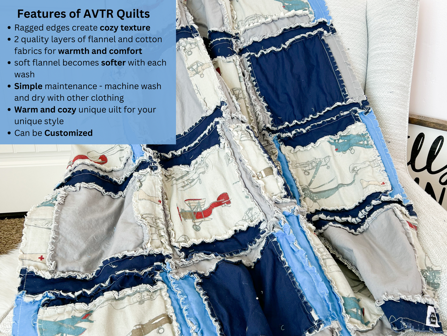 Blue Airplane Nursery Bedding | Handmade Rag Quilt for Baby Boy | Navy Blue & Gray - A Vision to Remember