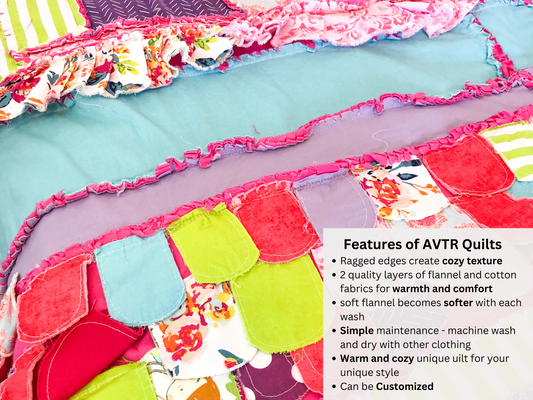 Colorful Floral Patchwork Rag Quilt for Girls – Bright Pink, Green, and Orange Bedding - A Vision to Remember