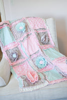 Baby Girl Quilt, Baby Girl Rag Quilt, Floral Crib Bedding, Light Pink and Mint Green Baby Rag Quilt - A Vision to Remember