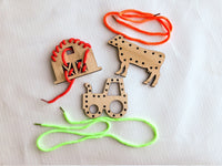 Wooden Lacing Toy Set, Wooden Farm Set Threading Toy, Tractor Lace Card, Barn Cow Sewing Toys for Kids