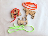 Wooden Lacing Toy Set, Wooden Farm Set Threading Toy, Tractor Lace Card, Barn Cow Sewing Toys for Kids