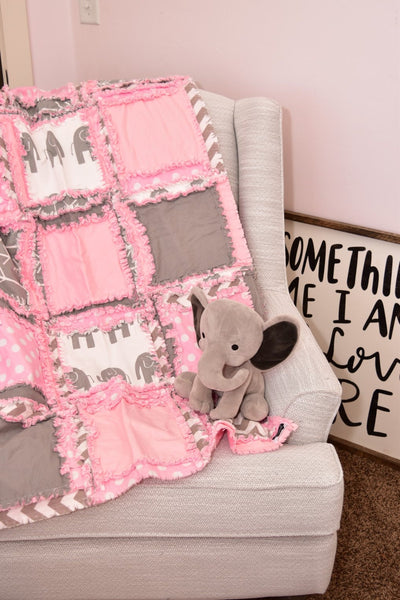 Elephant Baby Quilts Toddler Bedding, Pink Baby Girl Rag Quilt, Homemade Quilts - A Vision to Remember