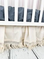 Cream MINI Crib Skirt, Linen Bedskirt Macrame Crib Bedding, Baby Shower Gift