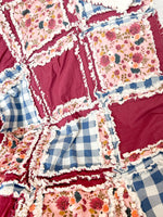 Vintage Floral Baby Girl Rag Quilt, Baby Girl Quilts, Multiple Sizes Homemade Quilts Dark Red, Mauve & Blue Quilted Bedspread for Girls