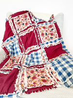 Floral Boho Baby Girl Mini Crib Quilt for Baby Girl Bedding, Girls Quick Ship Quilts, Dusty Rose Blue and Burgundy Rag Quilt for Girls - A Vision to Remember