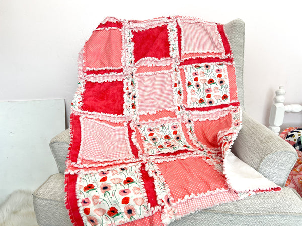 Poppy Floral Pink Baby Blanket, Baby Girl Rag Quilt, Flower Baby Bedding, Toddler Bedding Girl