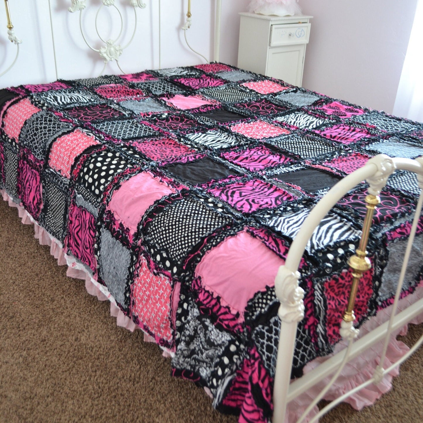 Black and Pink Quilt for Sale Handmade, Big Handmade Rag Quilts, Zebra Girl Bedding Twin Size & Queen Size Quilts - A Vision to Remember