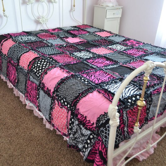 Black and Pink Quilt for Sale Handmade, Big Handmade Rag Quilts, Zebra Girl Bedding Twin Size & Queen Size Quilts - A Vision to Remember