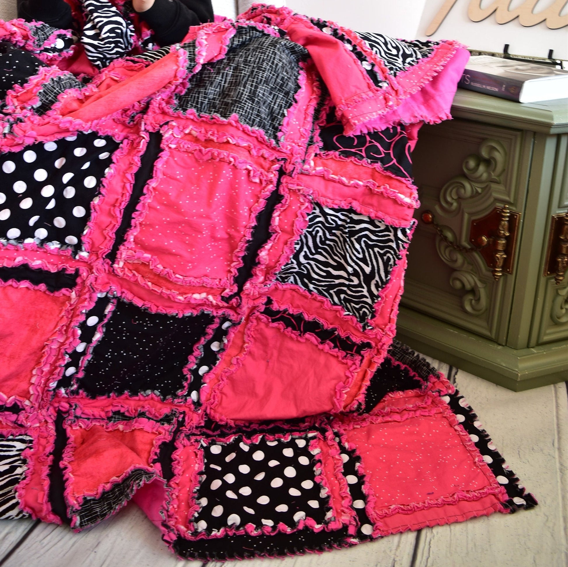 Black and Pink Quilt for Sale Handmade, Big Handmade Rag Quilts, Zebra Girl Bedding Twin Size & Queen Size Quilts - A Vision to Remember