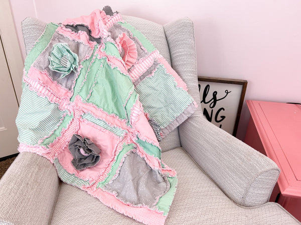 Pink Crib Bedding Baby Rag Quilt, Baby Girl Rag Quilt, Mint Green Baby Blanket & Toddler Bedding for Girls