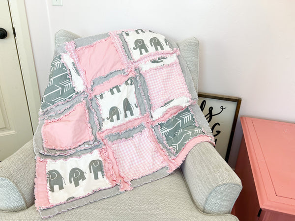 Elephant Baby Quilt Bedding Set, Baby Girl Rag Quilt, Toddler