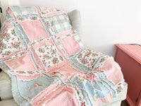 Floral Rag Quilts for Sale, Baby Girl Quilts, Blue and Pink Rose Baby Blanket & Crib Bedding for Girls