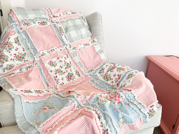 Floral Rag Quilts for Sale, Baby Girl Quilts, Blue and Pink Rose Baby Blanket & Crib Bedding for Girls