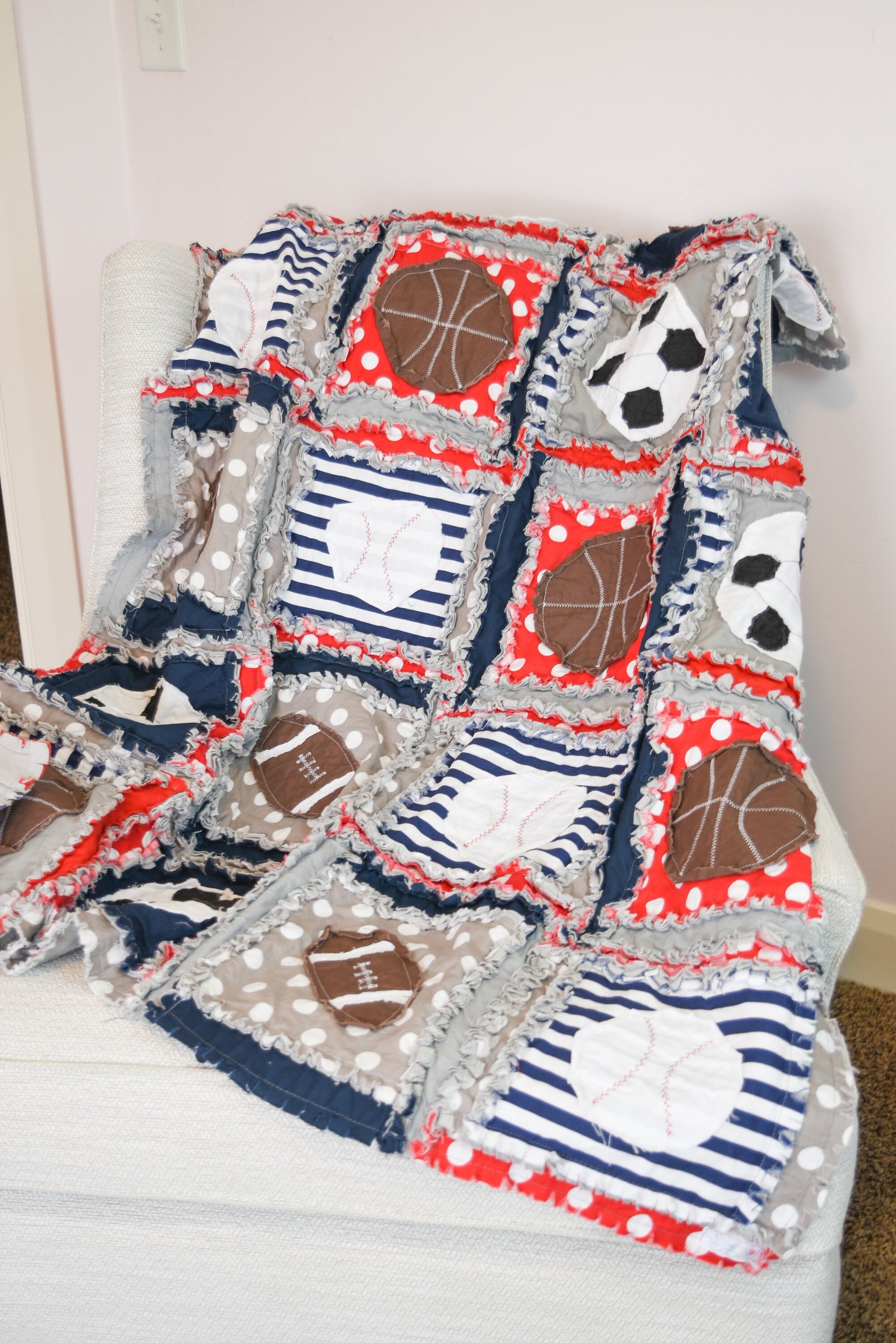 Football, Baseball & Basketball Rag Quilt – Sports Crib to Twin Bedding for Boys - A Vision to Remember
