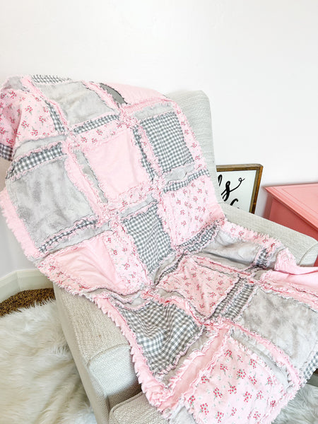 Shabby Baby Blanket Pink Crib Bedding, Baby Girl Rag Quilt, Patchwork Baby Quilt Floral Comforter Bed Spreads, Baby Girl