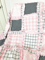 Pink and Black Baby Girl Rag Quilt, Baby Girl Quilts, Toile Plaid Handmade Quilts Baby Girl Bedding - A Vision to Remember