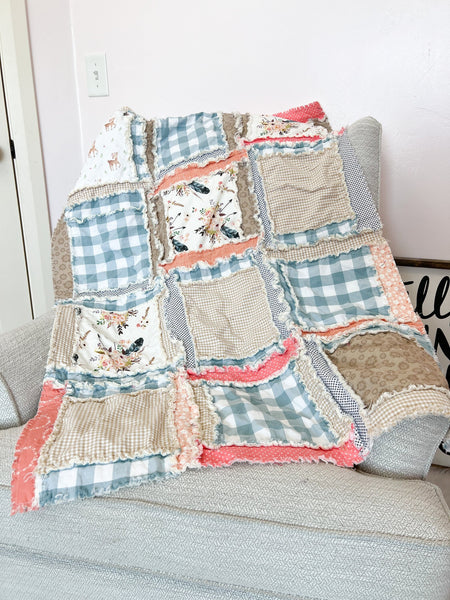 Deer Baby Girl Rag Quilt Woodland Theme, Girls Quick Ship Quilts, Tan Peach Boho Mini Crib Bedding for Girls