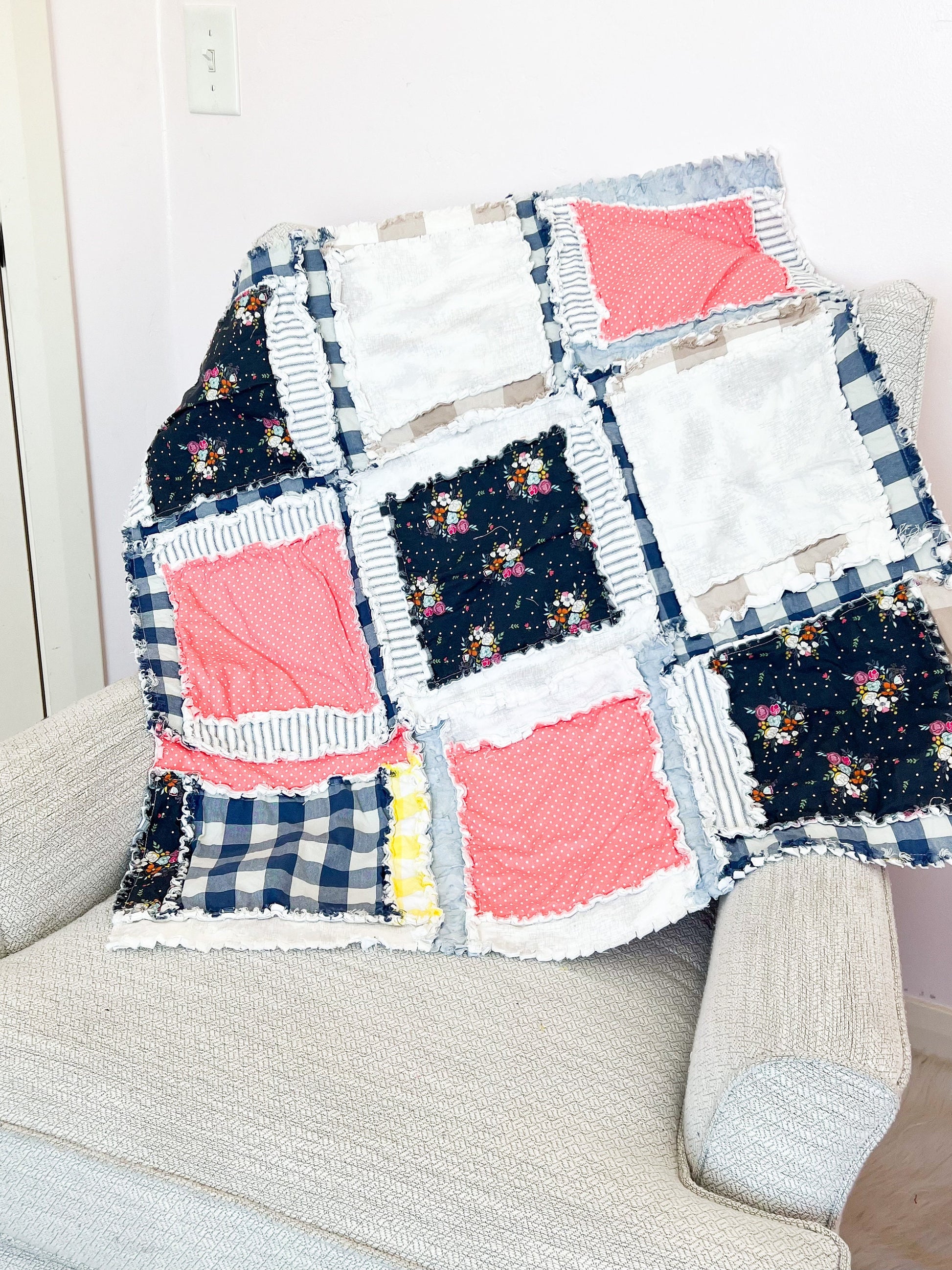 Coral Pink Comforter Lovey for Babies, Girls Quick Ship Quilts, Navy Blue Floral Baby Girl Rag Quilt - A Vision to Remember