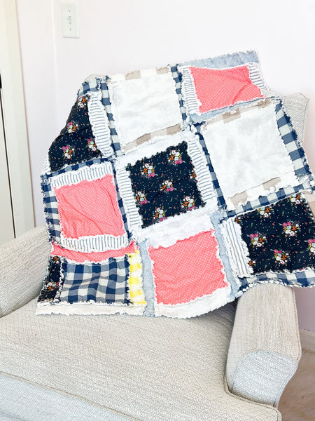 Coral Pink Comforter Lovey for Babies, Girls Quick Ship Quilts, Navy Blue Floral Baby Girl Rag Quilt
