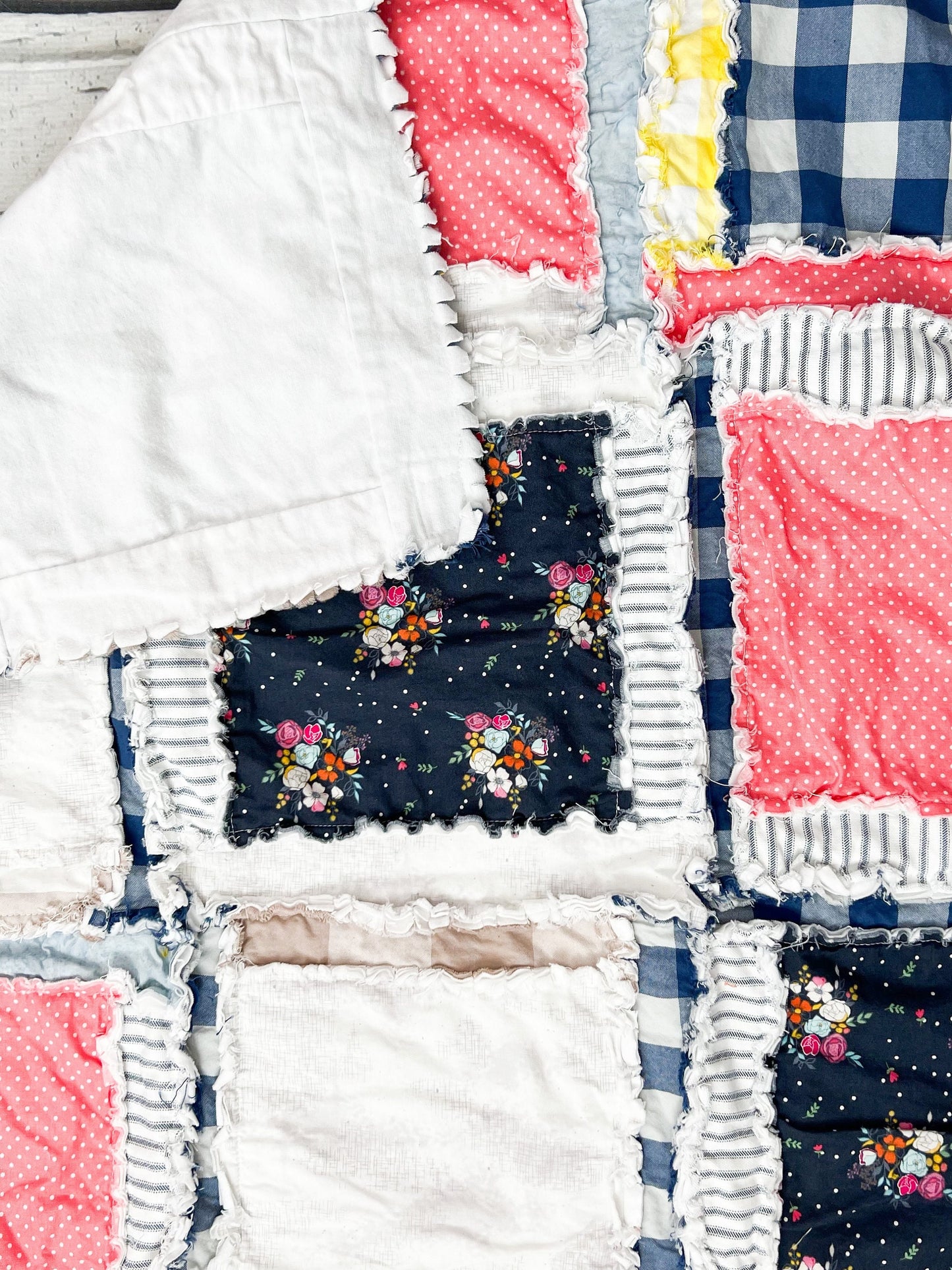 Coral Pink Comforter Lovey for Babies, Girls Quick Ship Quilts, Navy Blue Floral Baby Girl Rag Quilt - A Vision to Remember