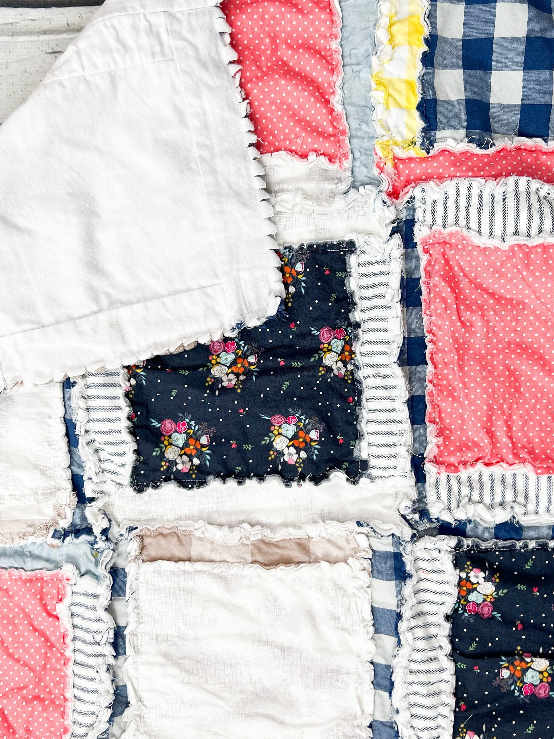 Coral Pink Comforter Lovey for Babies, Girls Quick Ship Quilts, Navy Blue Floral Baby Girl Rag Quilt - A Vision to Remember
