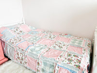 Flower Comforter Twin Bedspread and Toddler Bedding Girl, Big Handmade Rag Quilts, Pink and Blue Floral Quilted For Girls